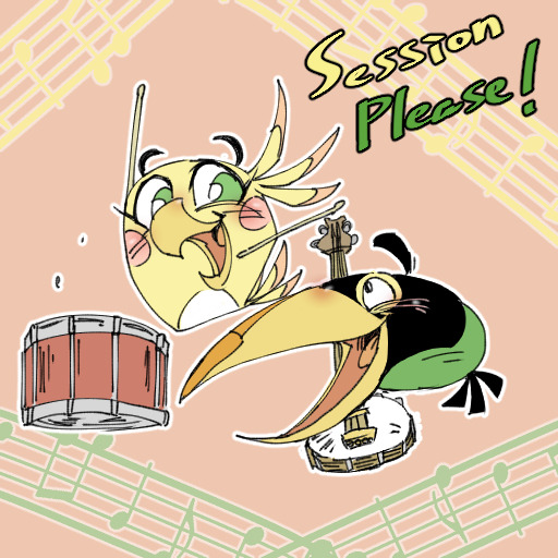 Poppy and Hal playing instruments together, the former playing with drums, the latter playing with a banjo. There is text on the upper left corner: 'Session Please!'