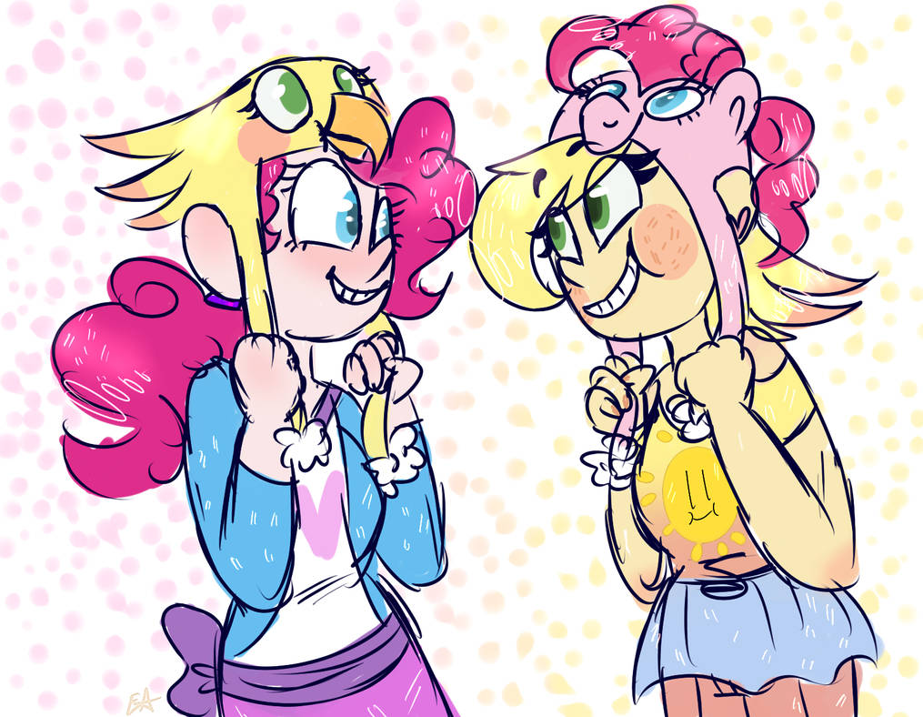 Humanized Pinkie Pie wearing a hat designed after Poppy, and humanized Poppy wearing a hat designed after Pinkie Pie.