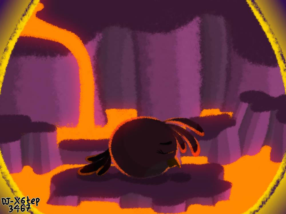 Stella standing on a rock platform inside a volcano, looking mournful. Surrounding the image is a golden Egg-shaped border.