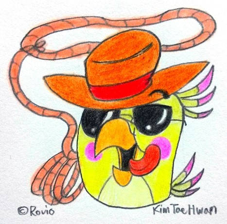 A colour pencil drawing of Poppy in a cowboy hat, and sunglasses, holding a lasso.