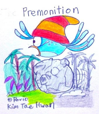 A colour pencil drawing of Willow running in a forest that's turning into stone, with Artist Pig, who has been petrified, right under her.