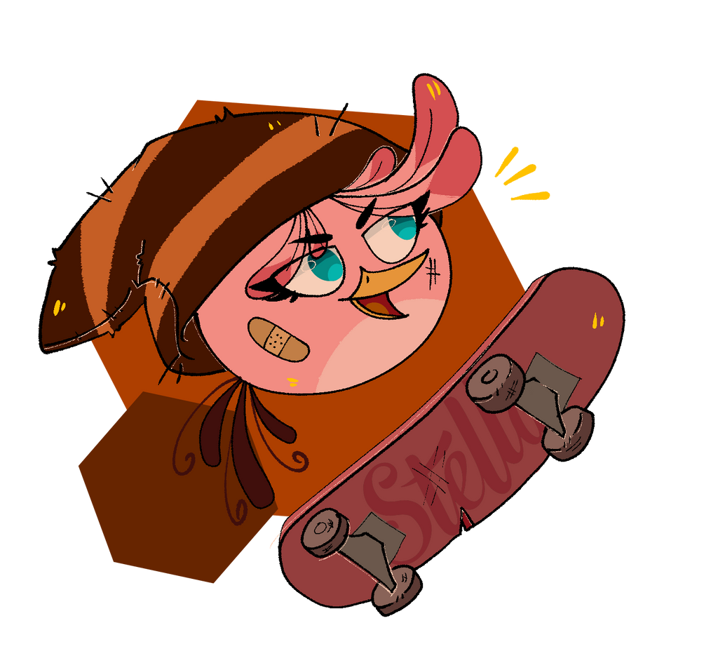 Stella skateboarding, wearing a brown and orange beanie on her head, and a bandaid on her cheek.