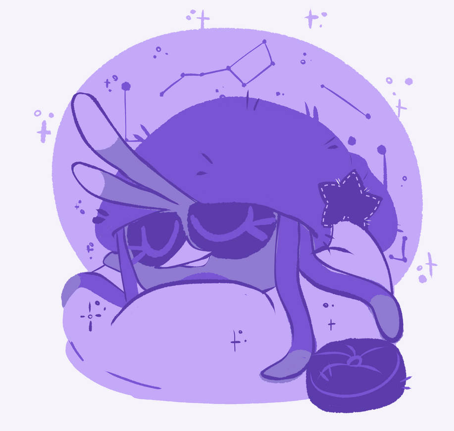 A drawing with a purple colour palette. Willow in a purple beanie with a star on it, sleeping snugly on a pillow. There are constellation in the background.