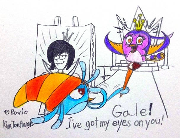 A colour pencil drawing of Willow drawing a portrait of Gale. She's pointing at Gale, stating 'Gale! I've got my eyes on you!' On her canvas is what appears to be a human version of Gale.