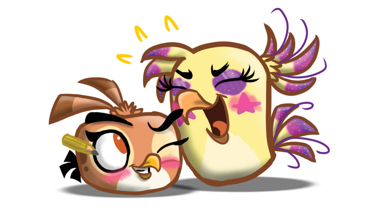 Dahlia and Poppy goofing around. Poppy has purple makeup on her head-feathers, tail-feathers, and eyelids. Both birds are blushing.