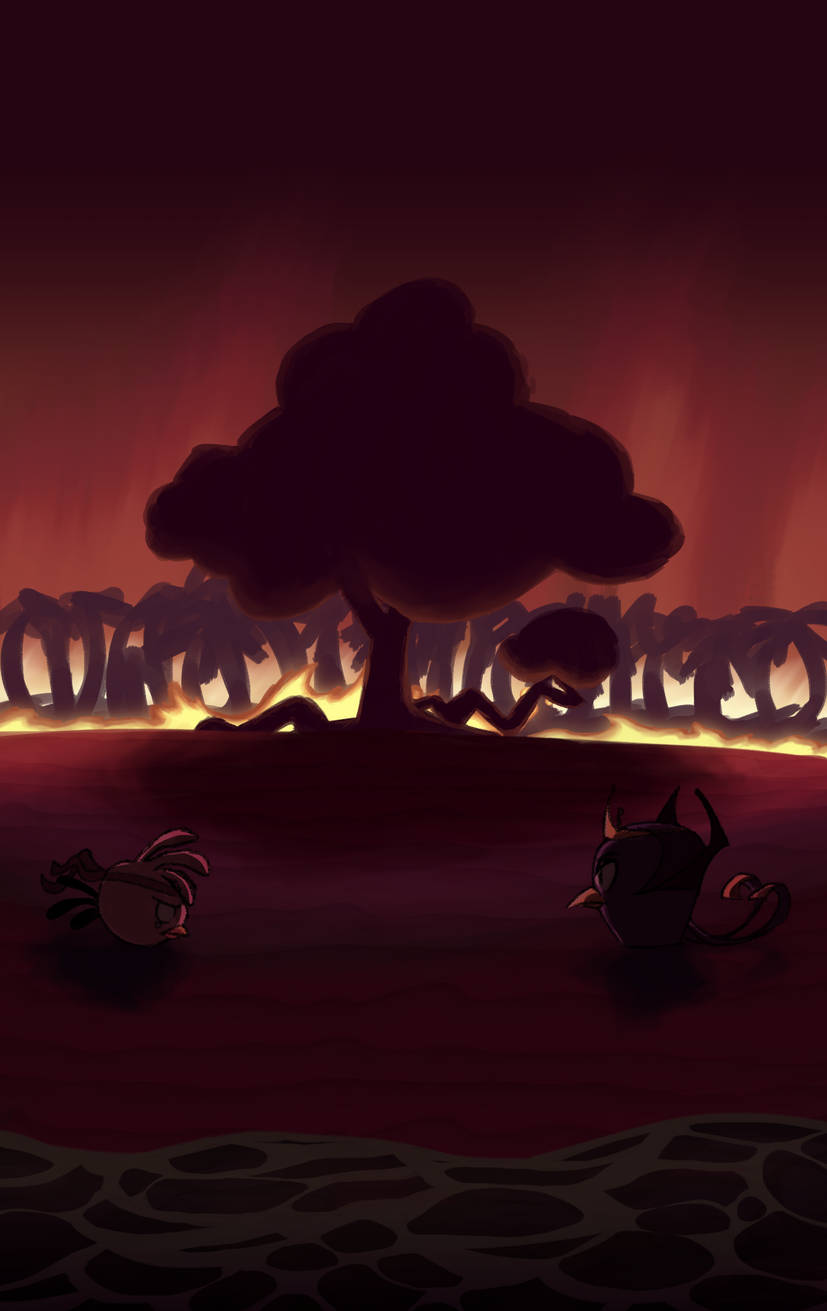 In the background is the Big Tree burning down, along with the rest of Golden Island. In the foreground is Stella and Gale facing off. Stella's wearing a headband, with tears in her eyes.