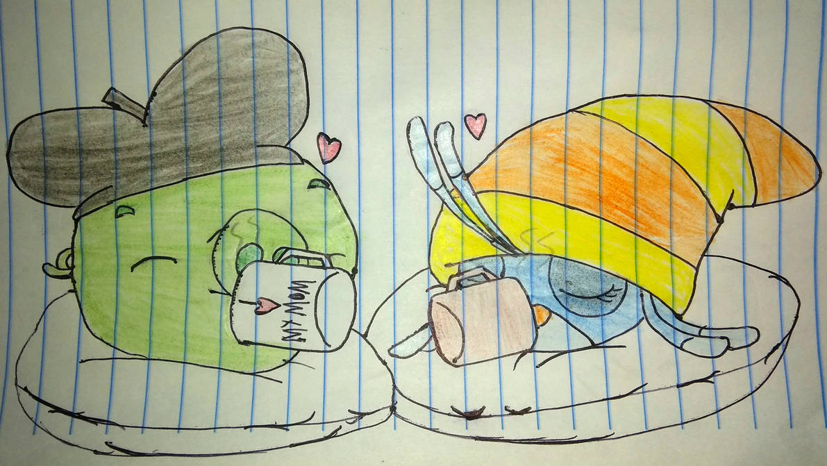 A colour pencil drawing on notebook paper of Willow and Artist Pig drinking coffee.