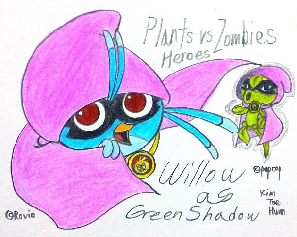 A colour pencil drawing of Willow in Green Shadow's cloak and mask, with Green Shadow herself right beside her.