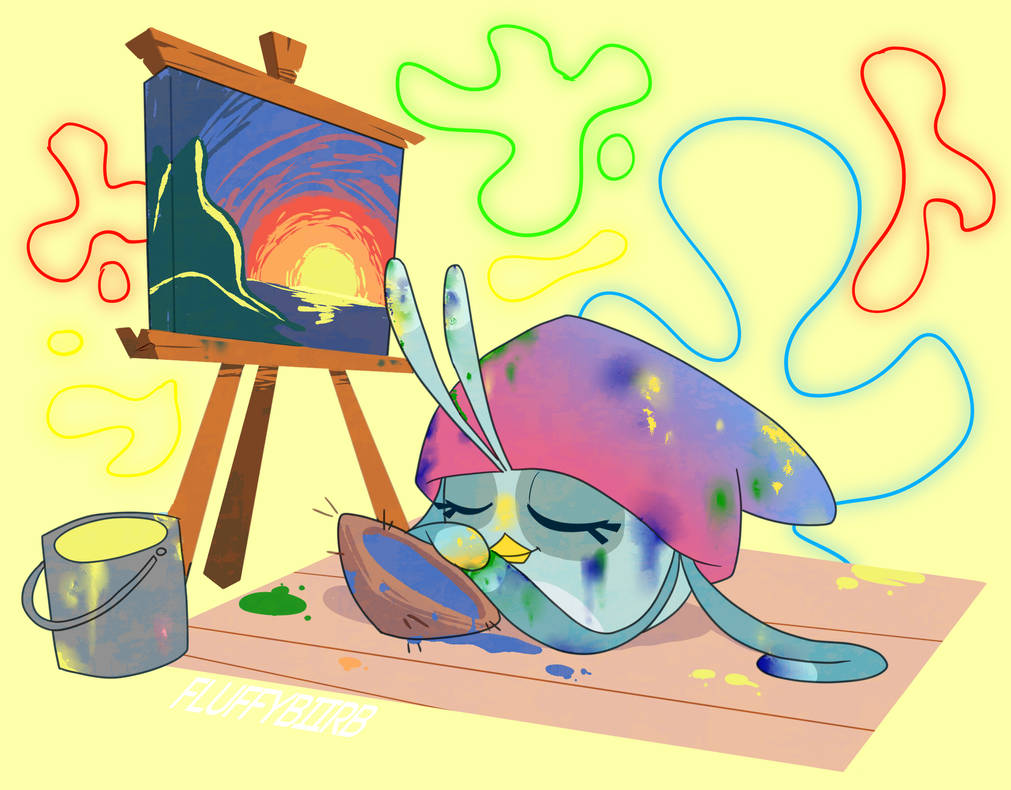 Willow wearing a red-blue gradient hat, resting on a bowl of blue paint. Beside her is a canvas with a painting of a sunset on it.
