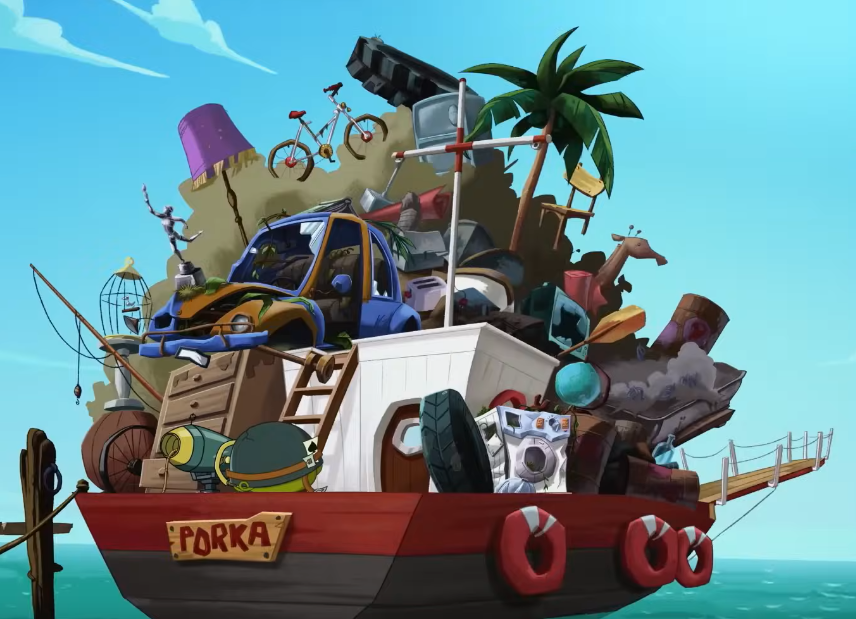 Corporal Pig on a ship, looking at massive pile of items, including a bicycle, a beaten-up washing machine, a TV, a beaten-up car, several giant tires, a drawer, and other things I'm too lazy to describe here.