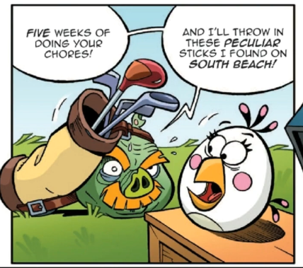 Foreman Pig holding a bag of golf clubs, telling Matilda 'Five weeks of doing your chores! And I'll throw in these peculiar sticks I found on South Beach!'