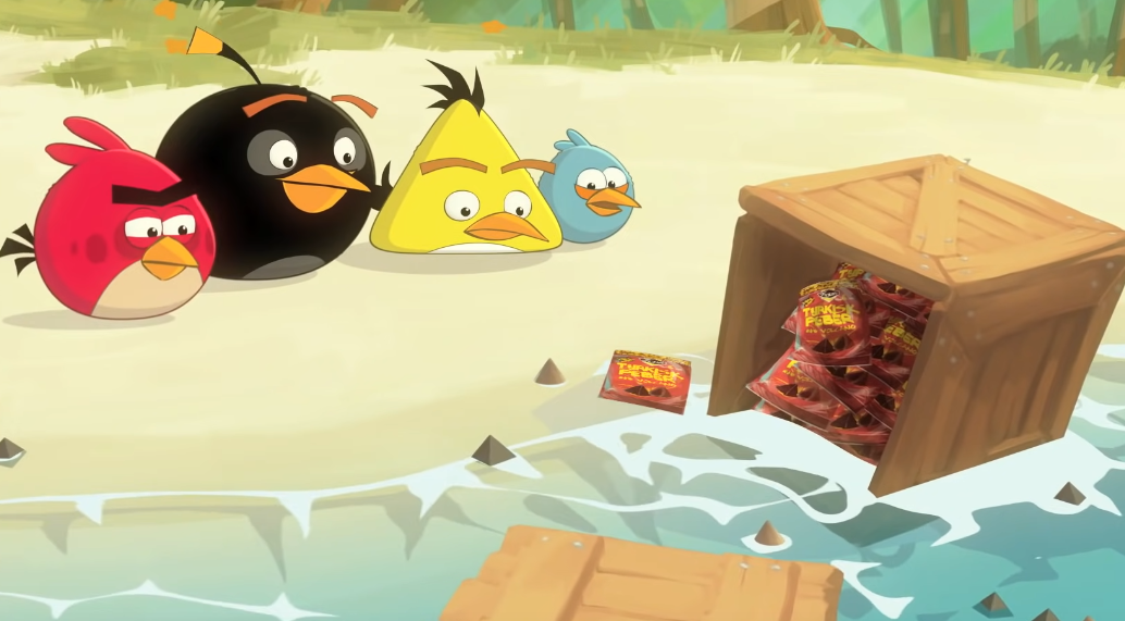 Red, Bomb, Chuck, and Jay Jake or Jim, looking at a crate full of Tyrkisk Peber Volcano that had just washed ashore.
