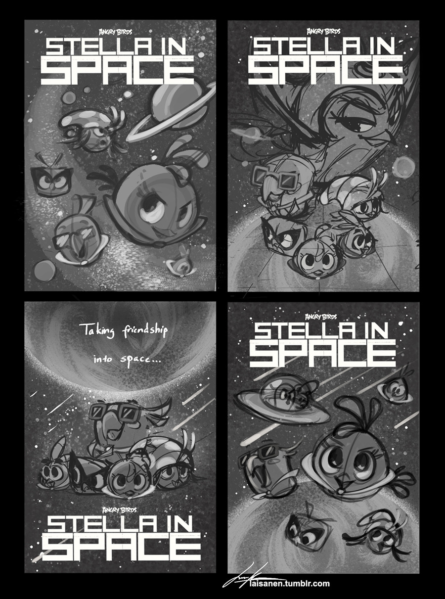Four sketches of posters for a mock game/show titled 'Stella In Space'. All four are of the Stella flock floating around in space, with variying composition.