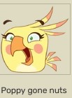 A screenshot of the Fandom Wiki. Poppy with a crazy expression captioned 'Poppy gone nuts'.