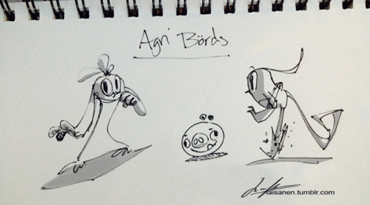 A sketch of Stella, Gale, and a minion pig from 'Agri Birds'