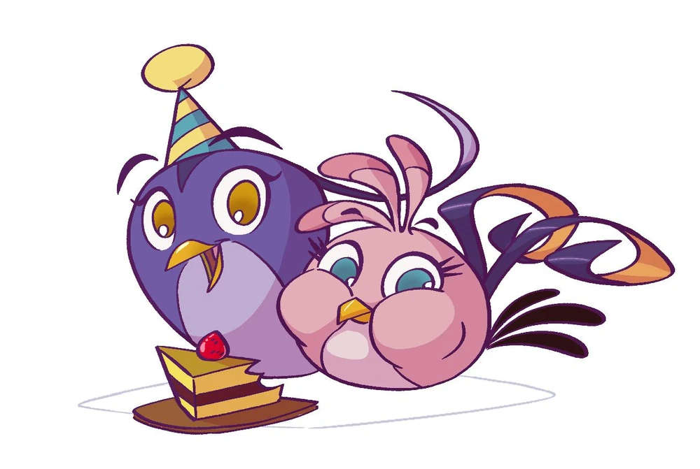 Gale with a party hat smiling at the viewer, while Stella is eating cake, also smiling at the viewer.
