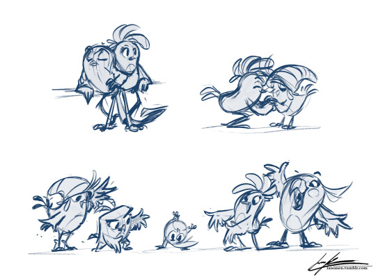 Three sketches of the Stella flock in the movie style.
1: Stella and Gale standing next to each other. They are both leaning on something. Stella has one hand on Gale's shoulder.
2: Stella and Willow.
3: The Stella flock (minus Gale) cheering as Luca does a handstand.