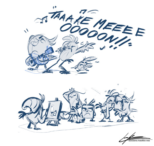 Two sketches of the Stella flock in the movie style.
1: Stella, Poppy and Luca performing Take On Me by a-ha
2: Gale, Luca, Dahlia, being art models for Willow, while Stella and Poppy are laughing in the background.