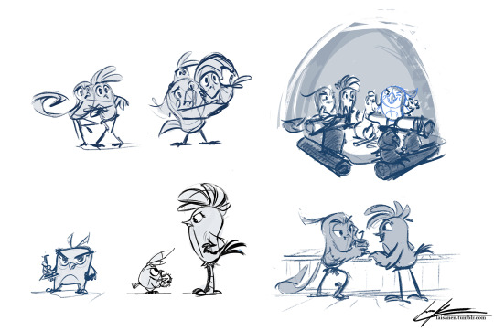 Five sketches of the Stella flock in the movie style.
1: The Stella flock (minus Dahlia) are frightened by something from off-screen. Gale is hugging onto Stella, while Luca and Willow are being held by Poppy.
2: The Stella flock around a campfire, with Poppy telling a spooky story.
3: Dahlia holding a flask.
4: Luca is holding something, and is angry at Stella's disapproving look.
5: Stella and Gale chatting at a bar.
