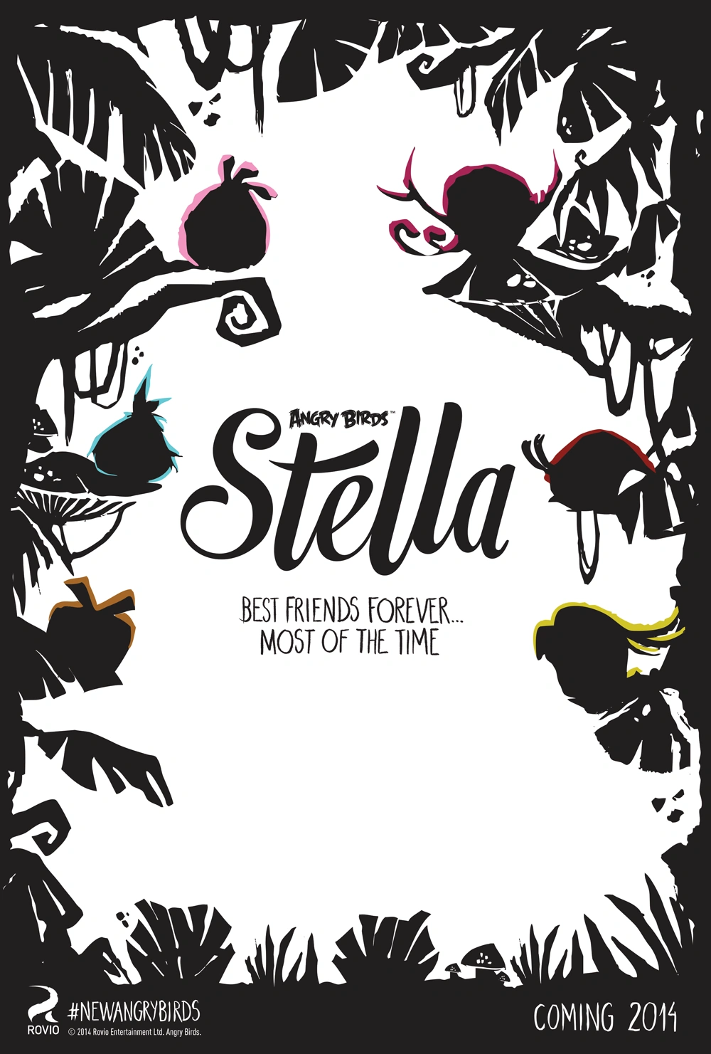 The silhouettes of the Stella flock perched on top of branches and mushrooms. In the middle of the image is the Angry Birds Stella logo, with the tagline 'Best Friends Forever... Most Of The Time' (Vertical version)