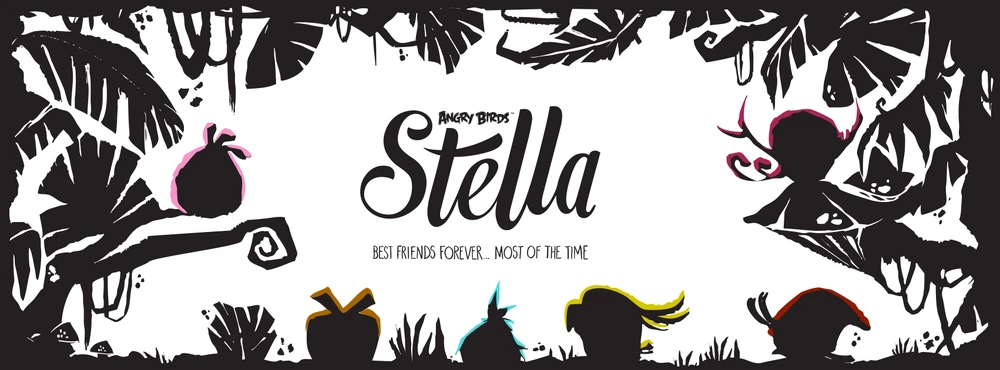 The silhouettes of the Stella flock perched on top of branches and mushrooms. In the middle of the image is the Angry Birds Stella logo, with the tagline 'Best Friends Forever... Most Of The Time' (Horizontal version)