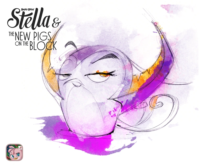 Watercolour drawing of Gale, a purple bird with a weird cloak thing.