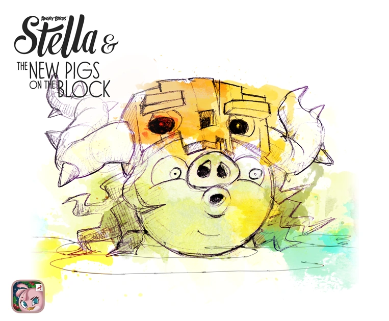 Watercolour drawing of Necro Pig, a pig with a creepy mask.