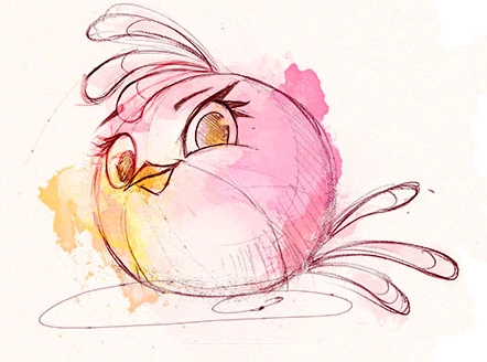 Watercolour drawing of Stella, a pink bird.