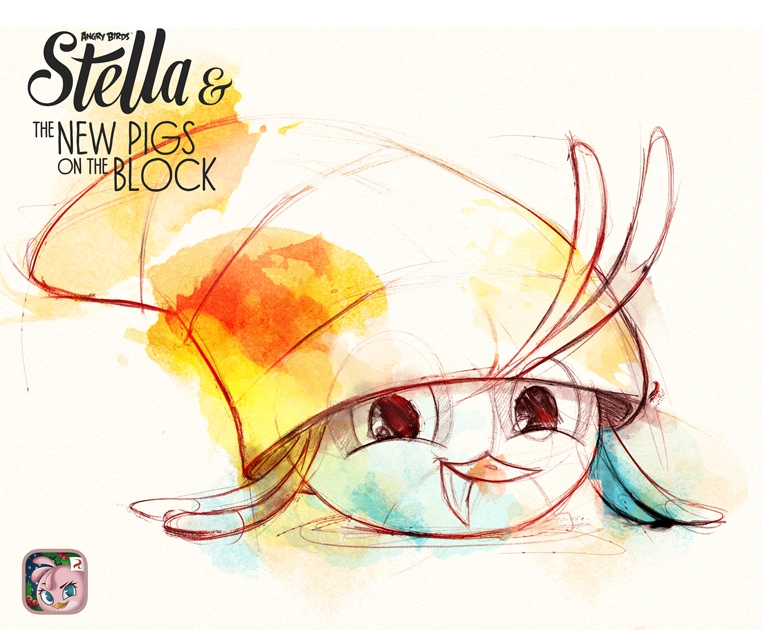 Watercolour drawing of Willow, a blue bird in an orange and yellow striped hat.