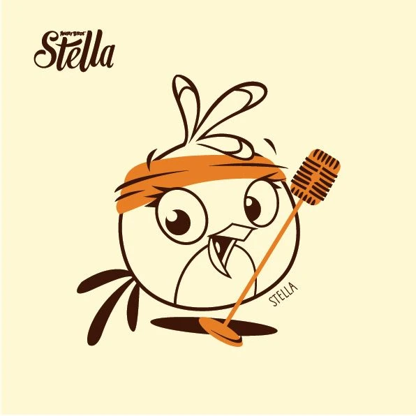 A limited pallete drawing of Stella holding a microphone and wearing a headband.