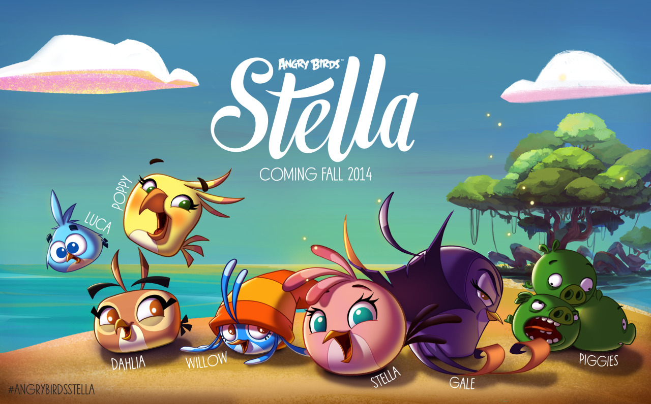 Angry Birds Stella, Coming Fall 2014. Standing under the Angry Birds Stella Logo are: Luca, Dahlia, Poppy, Willow, Stella, Gale, and the Piggies.