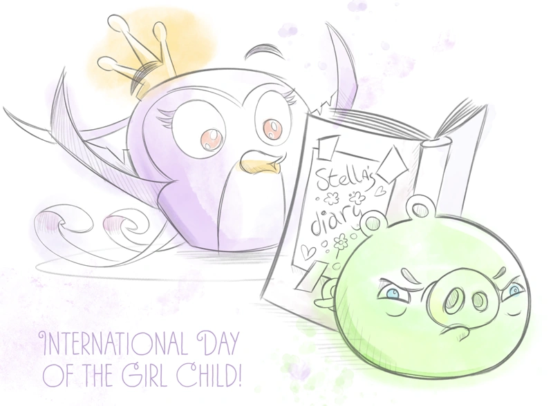 A watercolour photo of Gale, looking at Stella's Diary, which is being propped up by a displeased minion pig. In the bottom left corner is the text 'INTERNATIONAL DAY OF THE GIRL CHILD!'