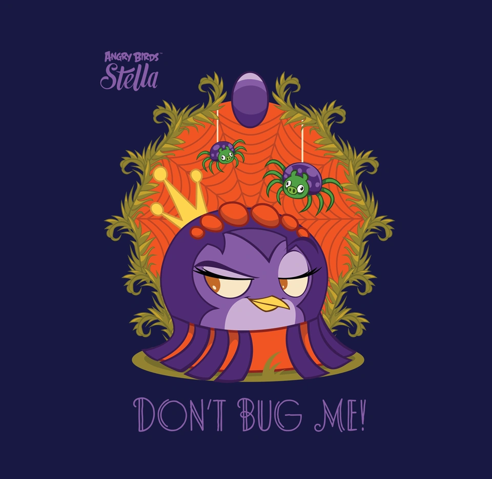 Halloween themed poster of Gale in a spider costume, with minion pig spiders dangling above her. Below her is text stating 'Don't Bug Me!' 