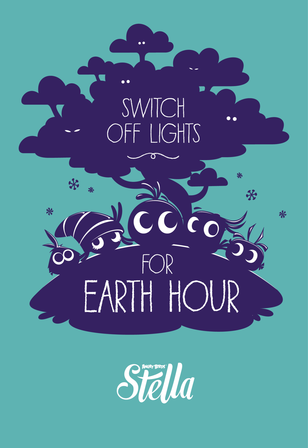 A poster with a limited colour pallete, mainly different shades of dark blue and teal. Stella and her friends are standing underneath a tree, with text stating 'SWITCH OFF LIGHTS FOR EARTH HOUR' 