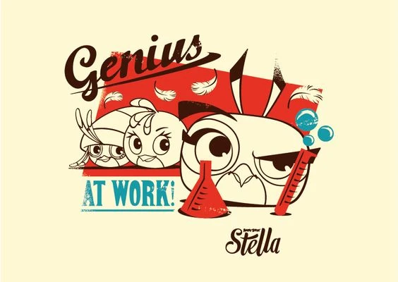 A poster with a limited pallete, starring Gale handling a few test tubes as Stella and Willow are watching in the background. There is text stating 'Genius At Work!' 