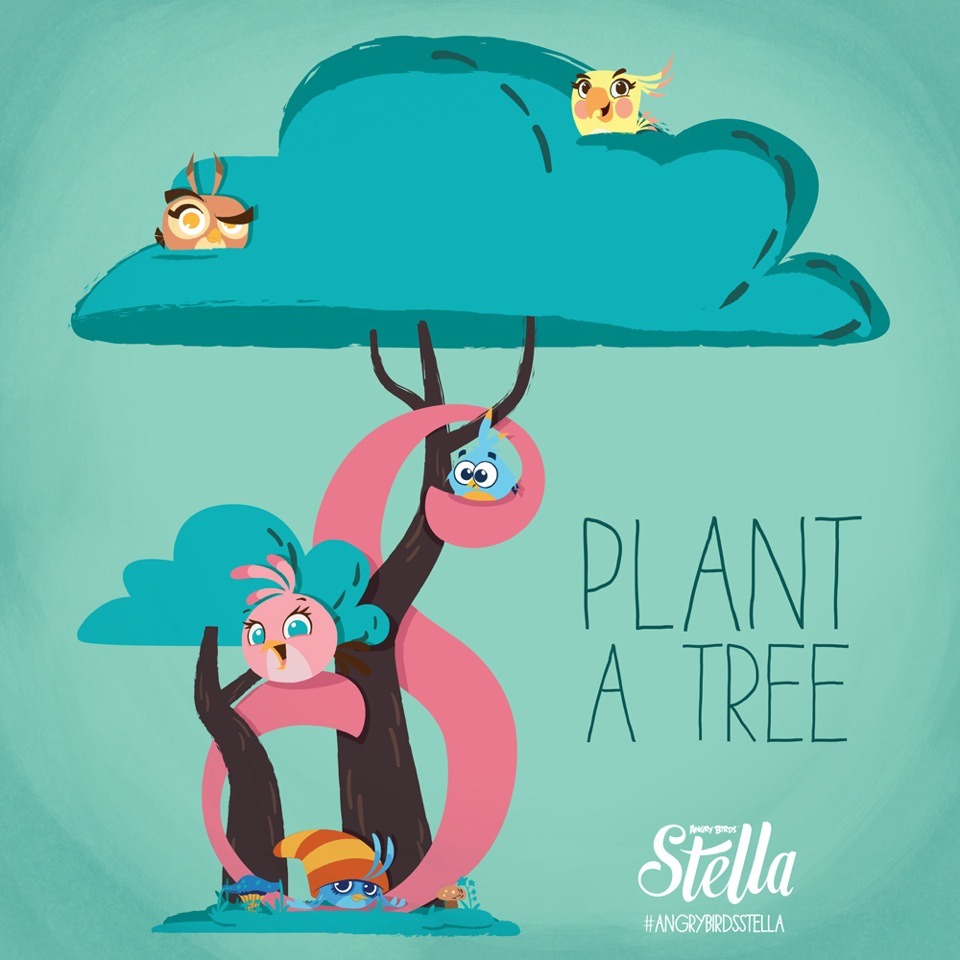 The Stella flock perching on various parts of a tree. There is text beside them saying: 'PLANT A TREE'. Below the text is the Angry Birds Stella logo.
