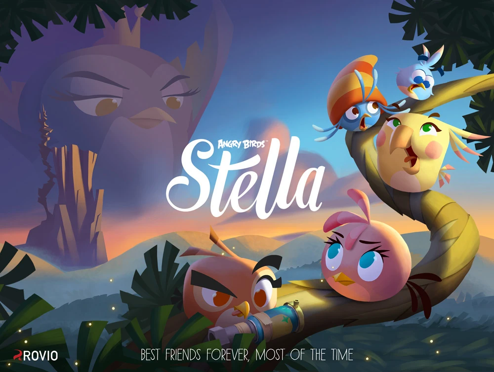 A flock of birds perching on a treebranch during sunrise(Or sunset). Members of the flock includes: Dahlia, Stella, Poppy, Willow, and Luca. In the background is a volcano with a castle on top, and a mirage of Gale, looming over the scenery.