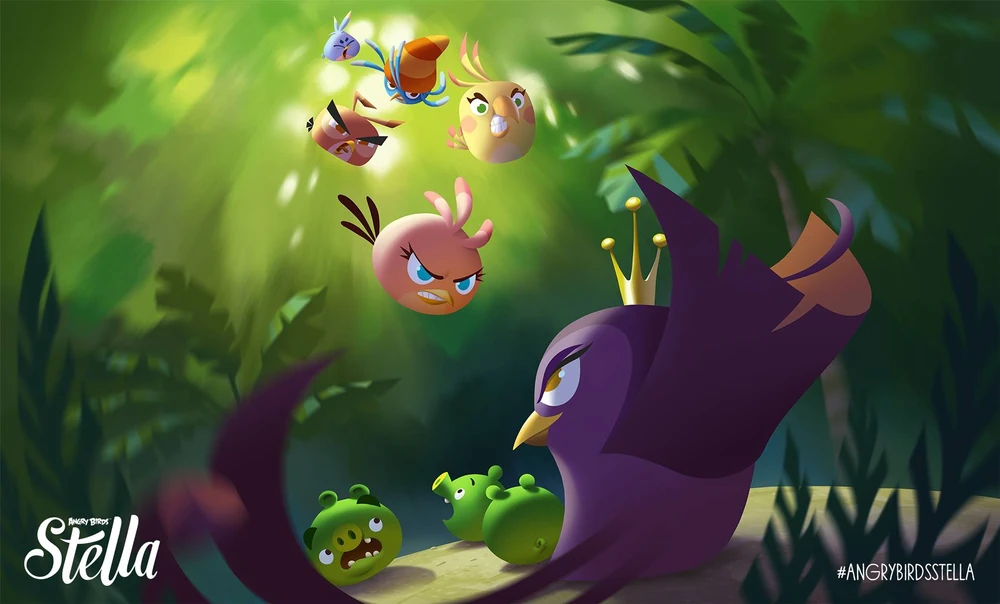 The Stella flock diving down towards Gale and her minion pigs, with angry looks on their faces. Gale is confident looking, whilst her minions aren't as confident. Also this takes place in the middle of a forest.