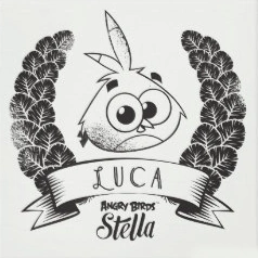 A black and white drawing of a wreath, with Luca in the middle.