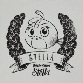 A black and white drawing of a wreath, with Stella in the middle.