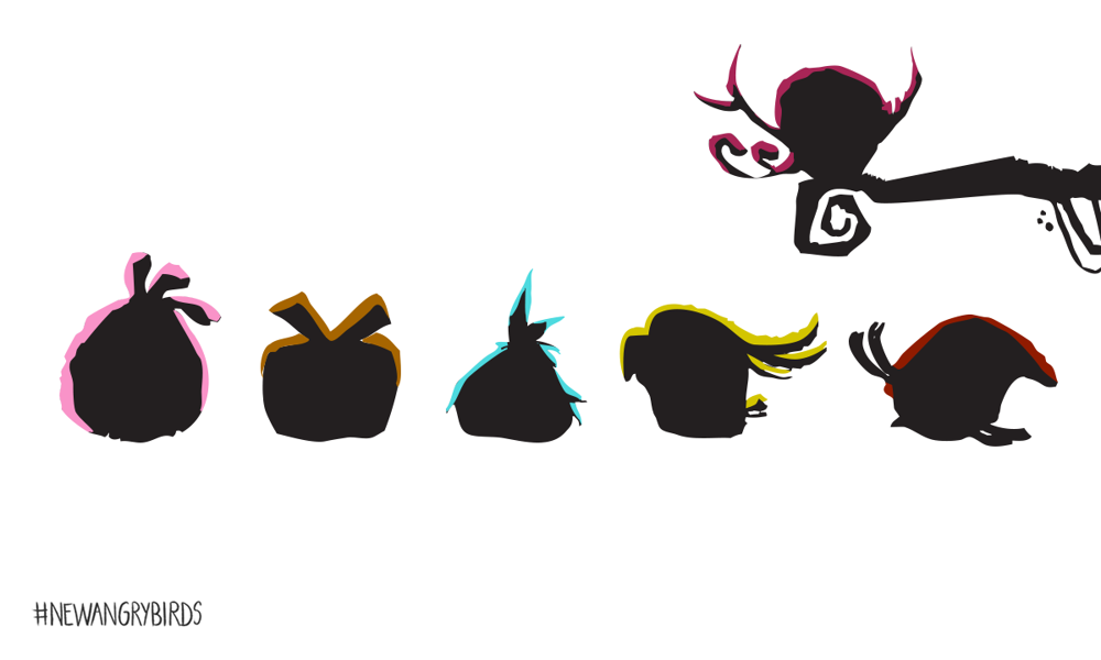Silhouettes of Stella, Dahlia, Luca, Poppy, Gale, and Willow. In the bottom left corner is the text '#NEWANGRYBIRDS'