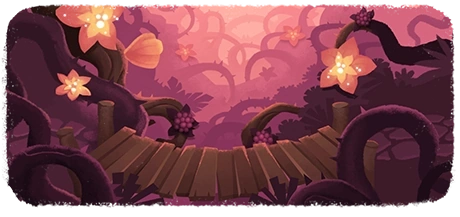 A magenta coloured part of a forest, full of spikey vines and orange flowers.