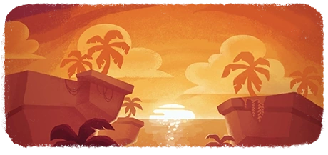 The view of a sunset over the ocean, in between two cliffs with palm trees on them.