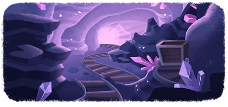 A cave full of purple crystals, with a minecart track running through it.