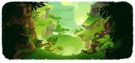 A valley full of plants, with a totem to the left and a pig monument on the right.