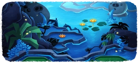A lagoon with lilypads in it. There are also fountains in the shape of pigs around the lake.