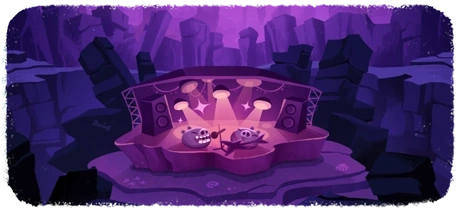Two pigs rocking out on a stage in the middle of a rocky valley.