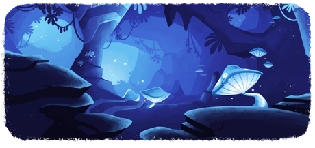 A blue cave full of glowing cyan mushrooms.