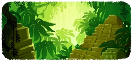 An ancient temple in the middle of a jungle. Two pigs are snooping around.