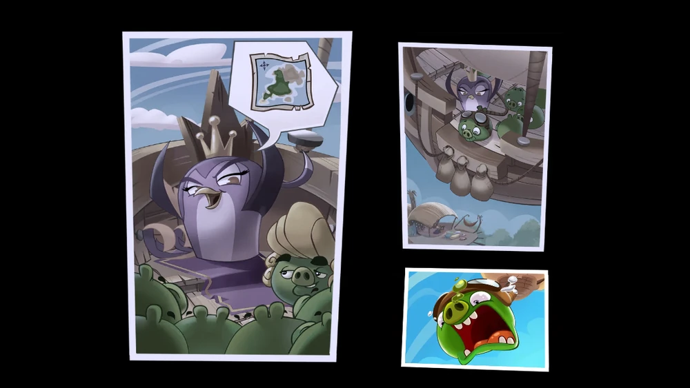 A comic with three panels. In the first, a purple bird named Gale is standing in an airship with her loyal band of piggies. She's commanding them to get her a map. In the second panel, a pig with a bungee cord strapped to him is standing at the edge of the ship, with a treehouse below. He looks a little reluctant. In the third, he is pushed off the ship, screaming all the way down.